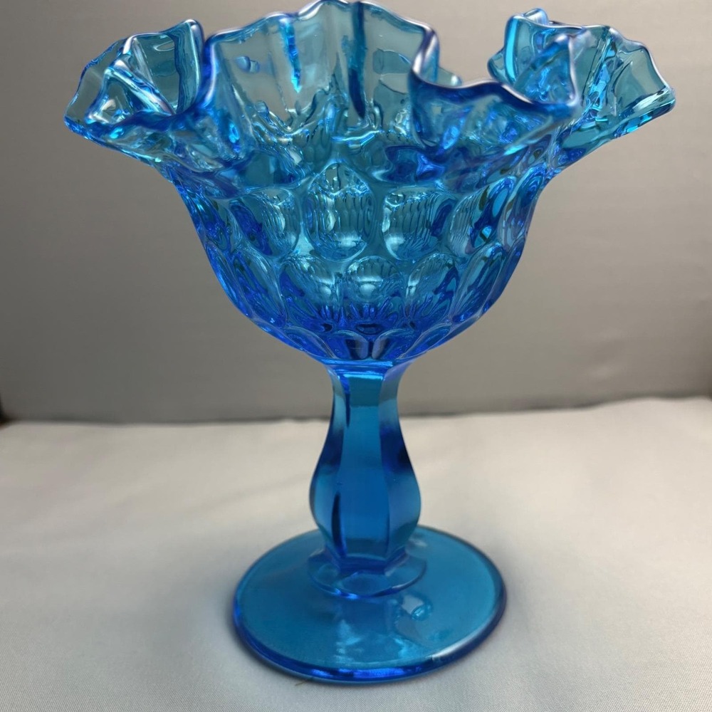 Vintage Fenton Colonial Blue Thumbprint Compote Ruffled Pedestal Bowl